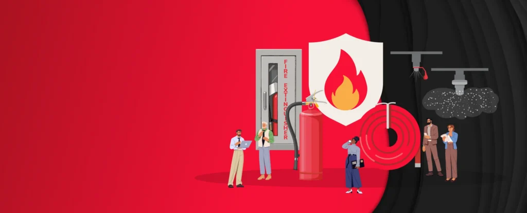 Illustration of fire safety equipment and people